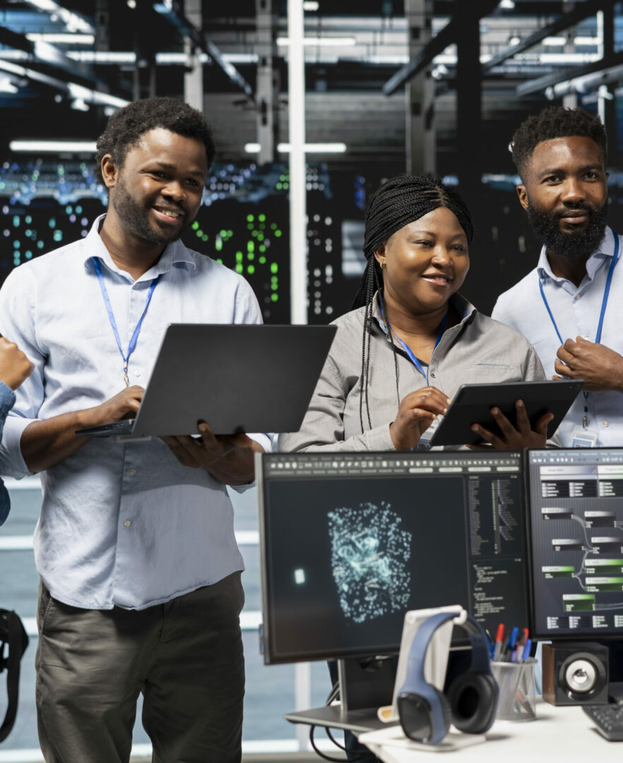 Cheerful data center experts working together, using deep learning algorithms and node trees to analyze datasets. Jolly server farm teamworking colleagues using AI to recognize facility data patterns